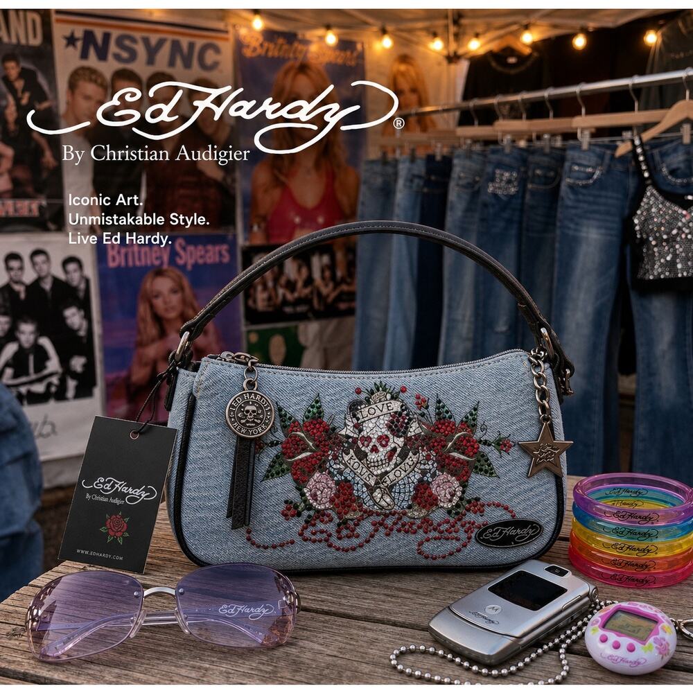 Ed Hardy Love Kills Slowly Bling Denim Shoulder Bag Y2K NWT